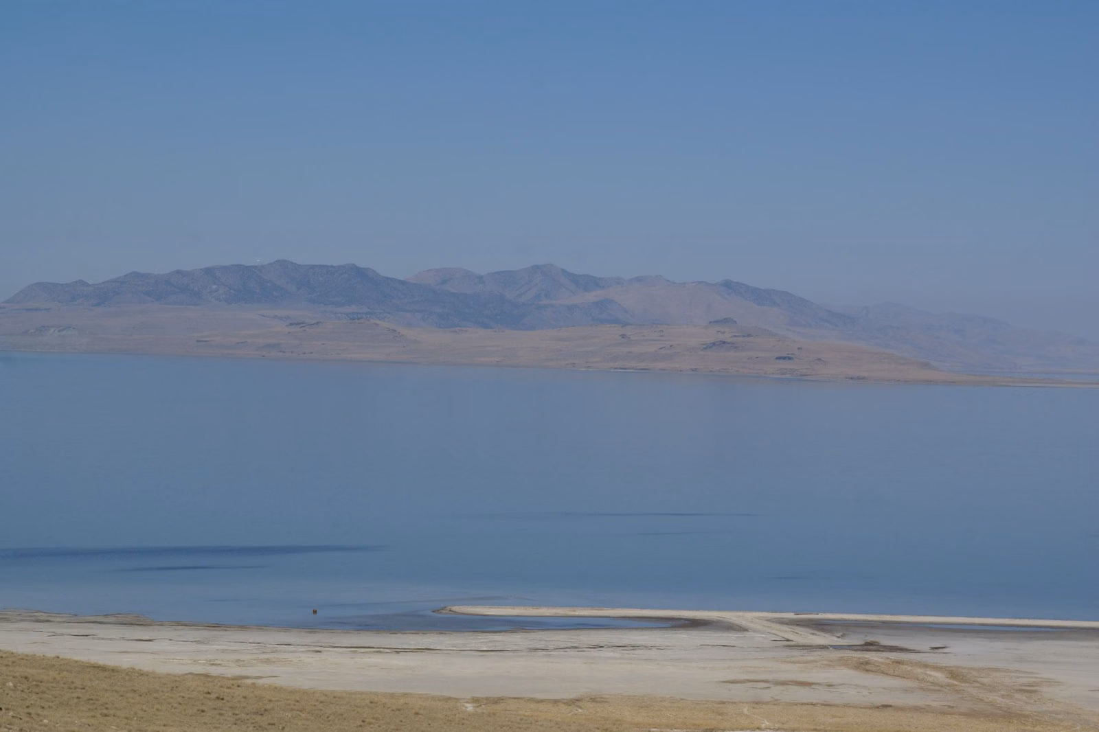 Antelope Island's eastern shore and Great Salt Lake on a hazy day