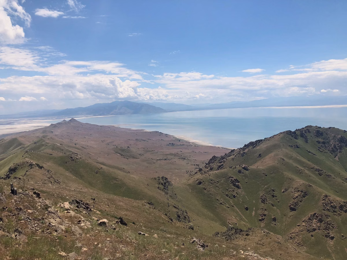 View south from Frary Peak along the green ridges of Antelope Island to Great Salt Lake