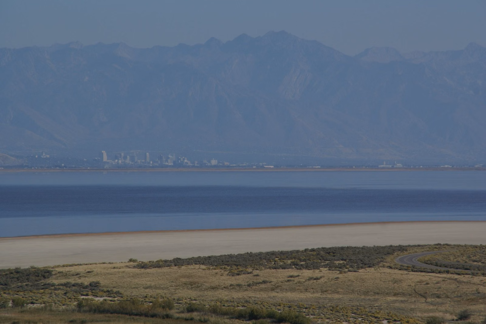 The Wasatch Range and the Salt Lake Valley seen across Great Salt Lake from Antelope Island