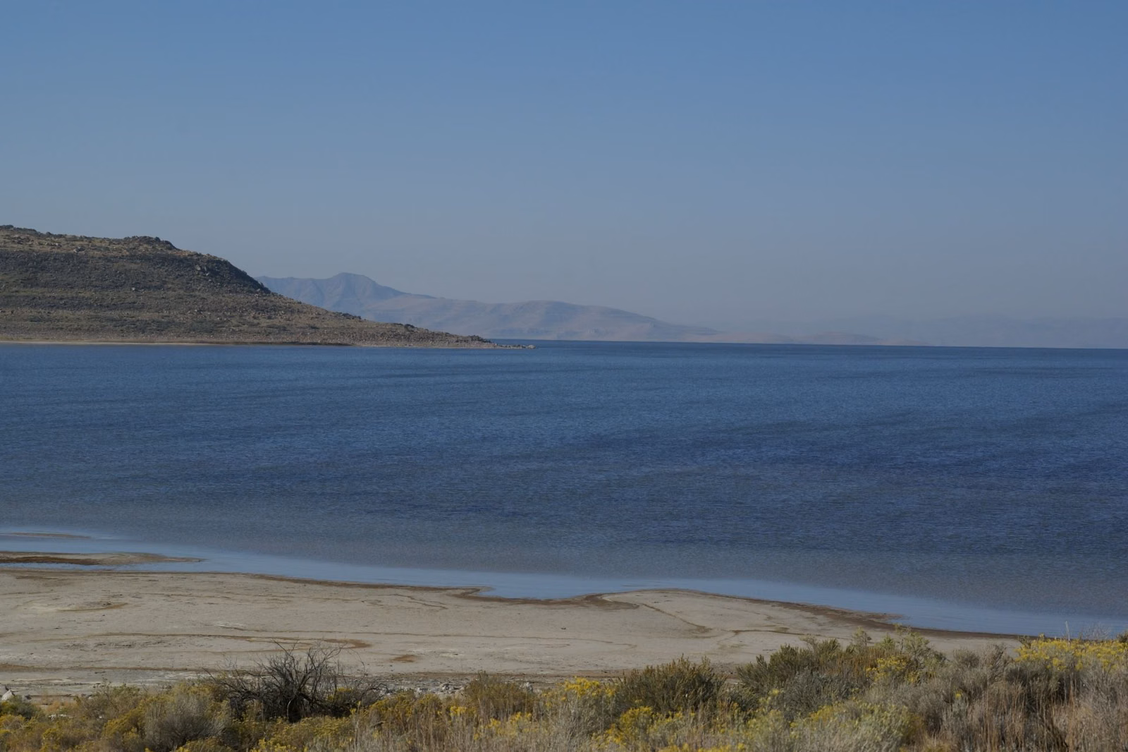 The calm blue water of Great Salt Lake off the north end of Antelope Island